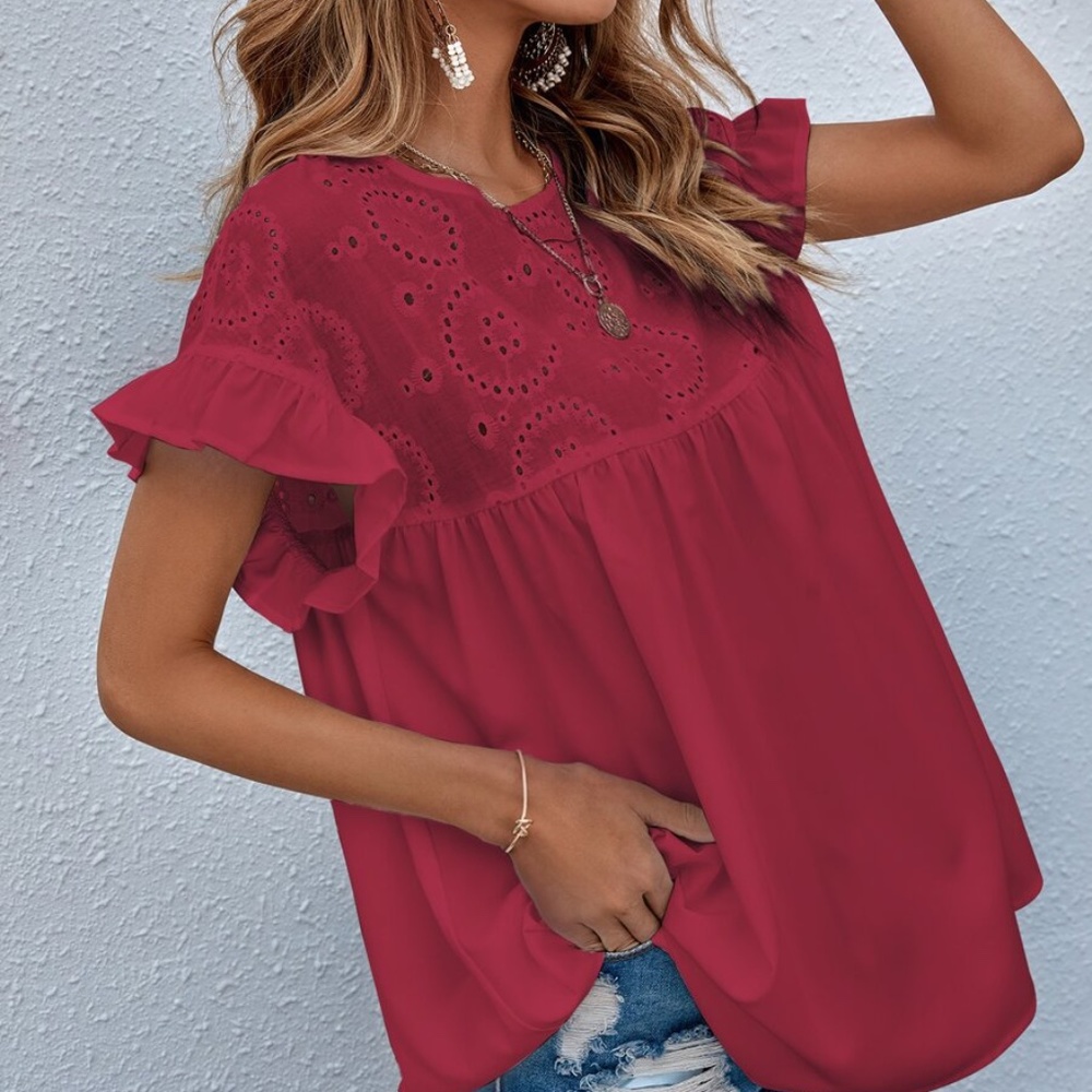 Boho Floral Embroidered Ruffle Oversized Top red - Picture 2 of 4
